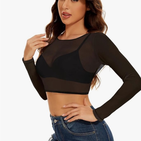 NWOT sheer mesh black cropped long sleeve w/ red and white stripe sleeve - Picture 1 of 5